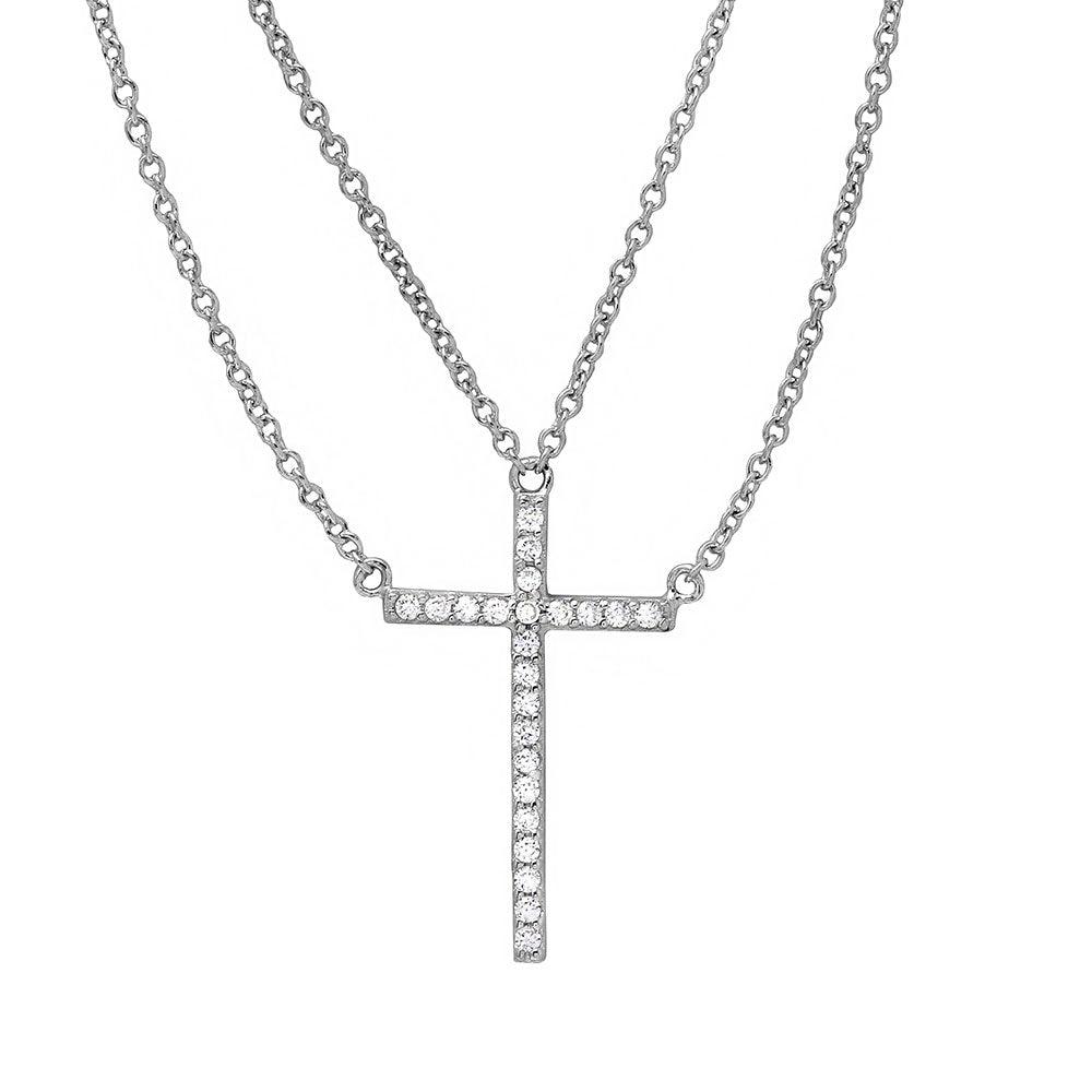 Rhodium Plated 925 Sterling Silver Multi Chain CZ Cross Necklace - STP01522 SPI