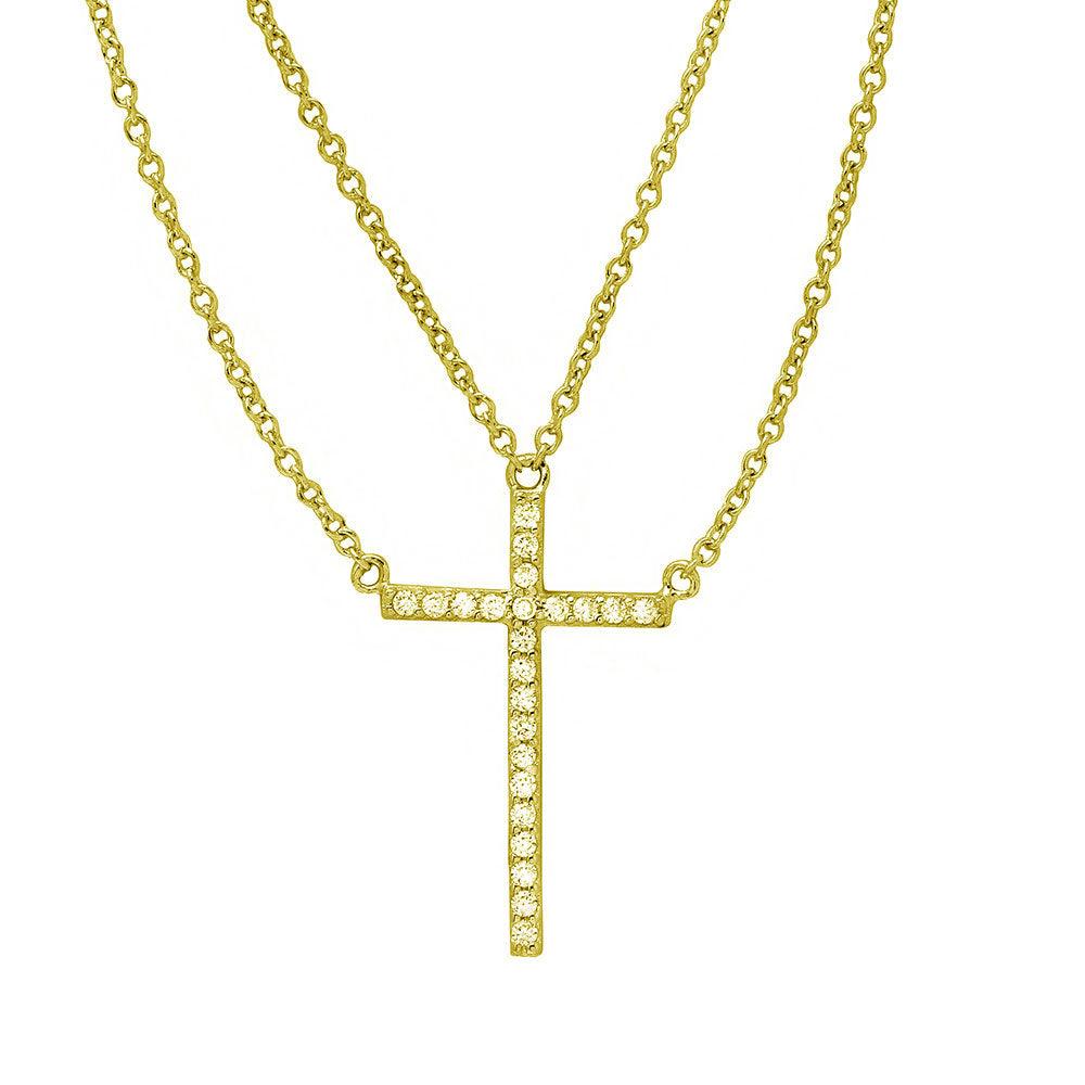 Gold Plated 925 Sterling Silver Multi Chain CZ Cross Necklace - STP01522GP SPI