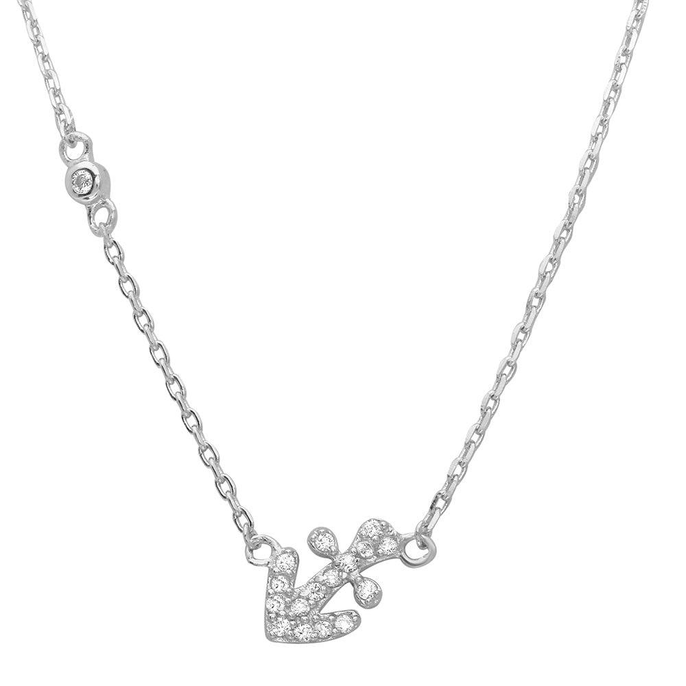 Rhodium Plated 925 Sterling Silver CZ Anchor Accent Necklace - STP01524 SPI