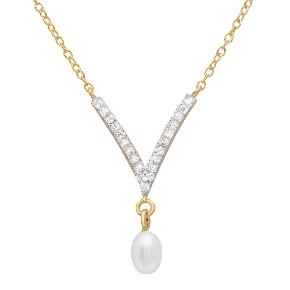 Silver 925 Gold Plated V Shape CZ Necklace with Hanging Fresh Water Pearl - STP01525GP SPI