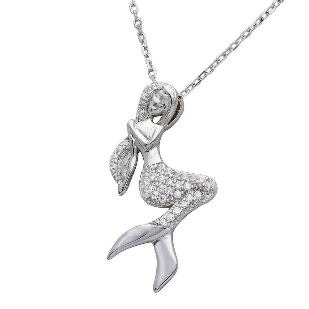 Rhodium Plated 925 Sterling Silver CZ Mermaid Necklace - STP01526 SPI