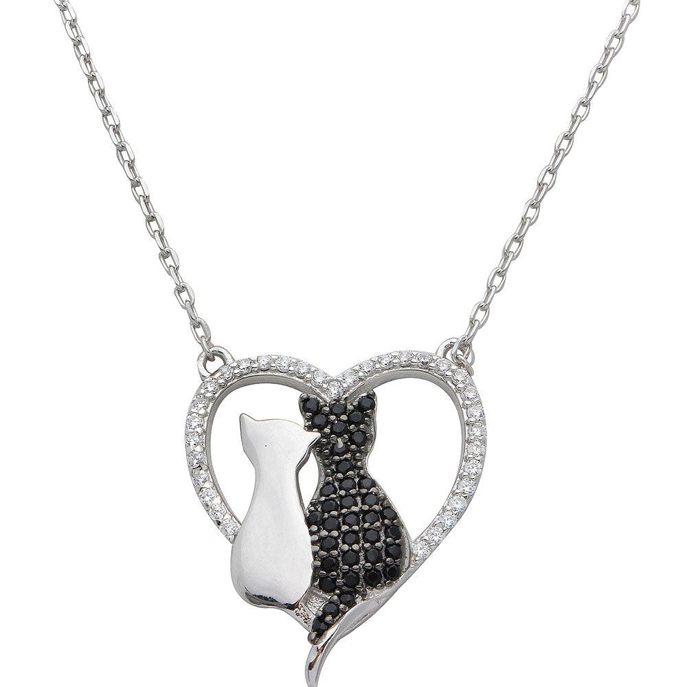 Rhodium Plated 925 Sterling Silver CZ Open Heart with 2 Cat Necklace - STP01527 SPI