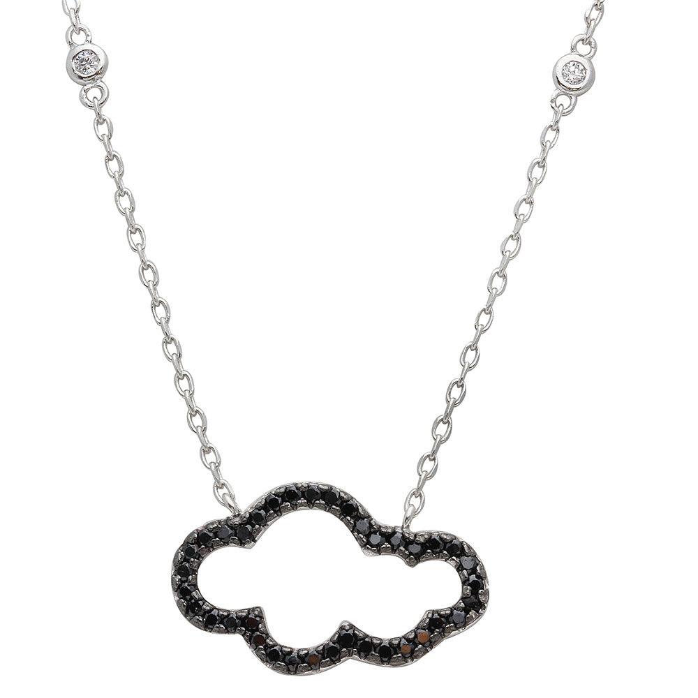 Rhodium Plated 925 Sterling Silver Black CZ Encrusted Open Cloud Necklace - STP01528BLK SPI