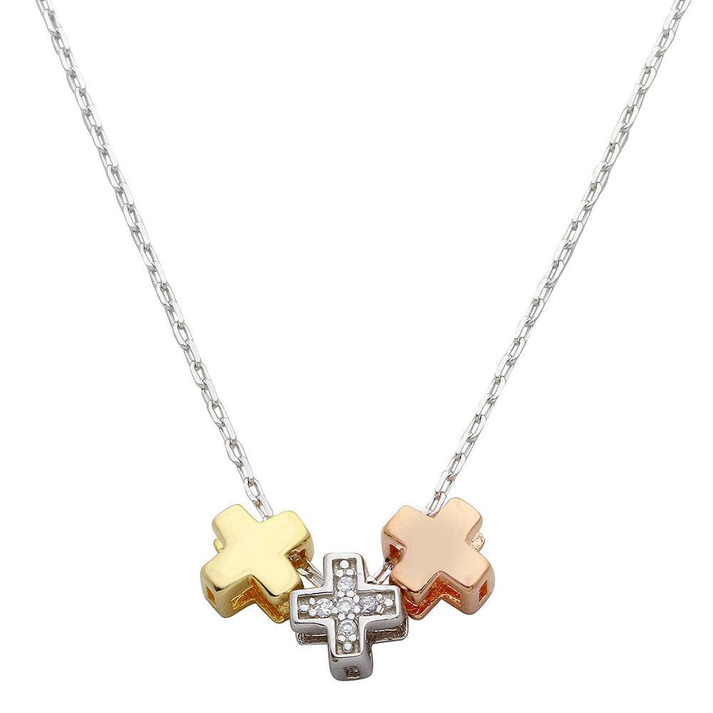Three-Tone 925 Sterling Silver Cross Charms Necklace - STP01529 SPI