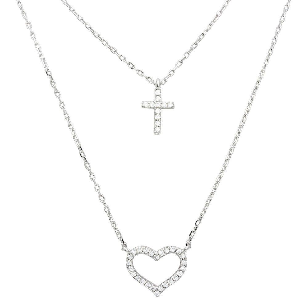 Rhodium Plated 925 Sterling Silver Double Chain CZ Cross and CZ Open Heart Necklace - STP01532 SPI