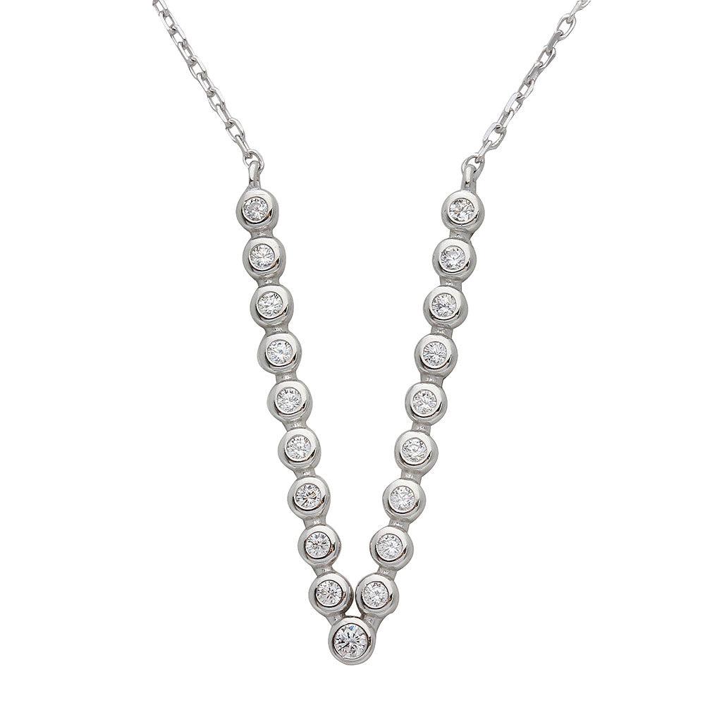 Rhodium Plated 925 Sterling Silver Bubble V Shape CZ Necklace - STP01533 SPI