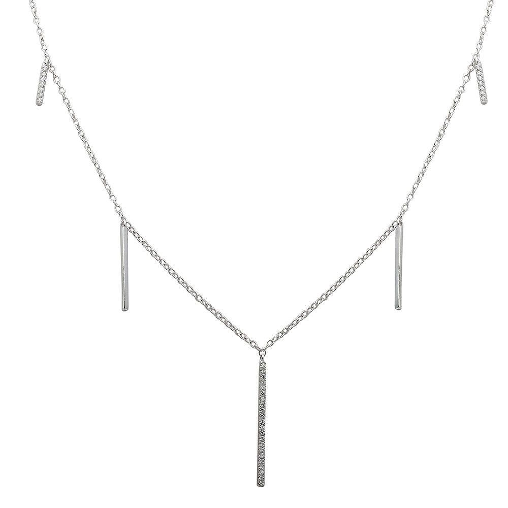 Rhodium Plated 925 Sterling Silver CZ Hanging Bars Necklace - STP01534 SPI