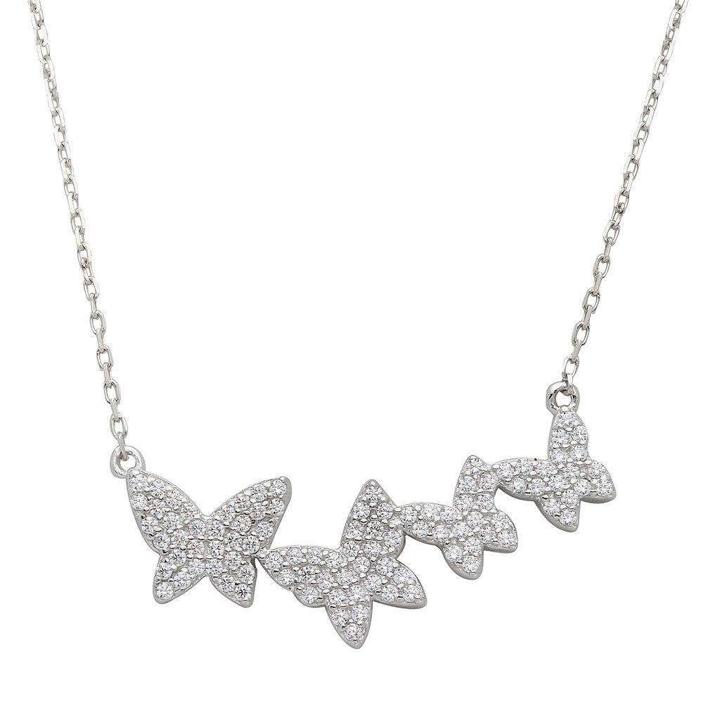 Rhodium Plated 925 Sterling Silver Graduated CZ Encrusted Butterfly Necklace - STP01535 SPI