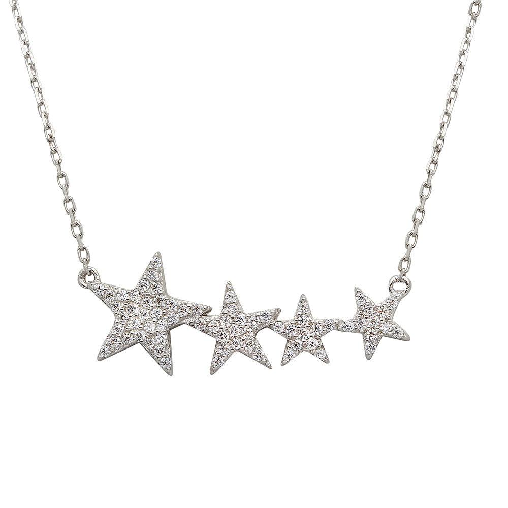 Rhodium Plated 925 Sterling Silver Graduated CZ Star Necklace - STP01536 SPI