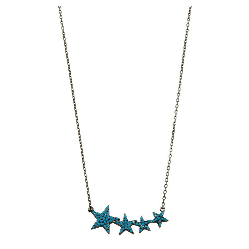 Black Rhodium Plated 925 Sterling Silver Four Star Necklace with Turquoise CZ Stones - STP01536BP SPI