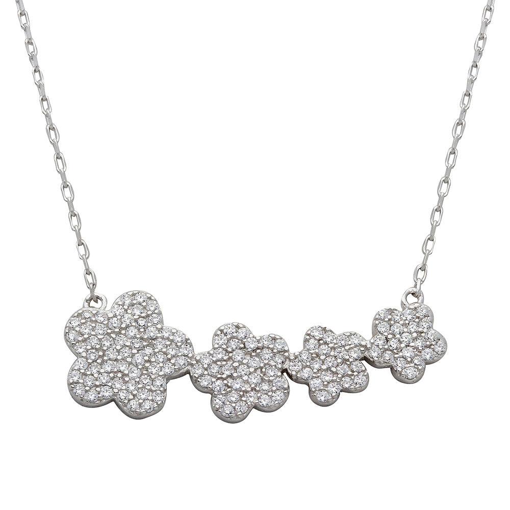 Rhodium Plated 925 Sterling Silver 4 Graduated CZ Encrusted Flower Necklace - STP01537 SPI