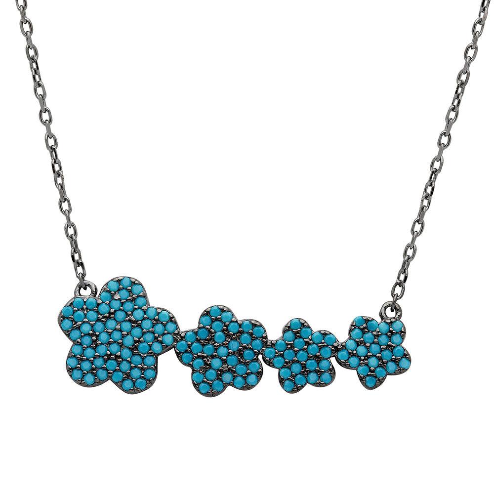 Black Rhodium Plated 925 Sterling Silver 4 Graduated Turquoise Encrusted Flower Necklace - STP01537BP SPI