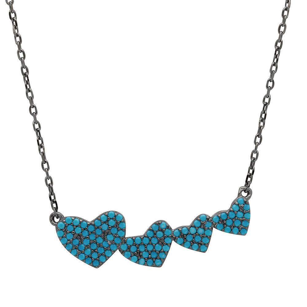 Black Rhodium Plated 925 Sterling Silver 4 Graduated Turquoise Encrusted Heart Necklace - STP01538BP SPI
