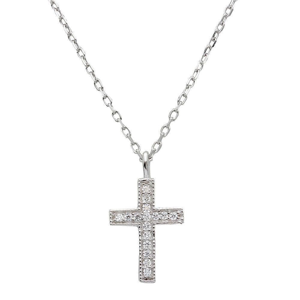 Rhodium Plated 925 Sterling Silver CZ Cross Necklace - STP01539 SPI
