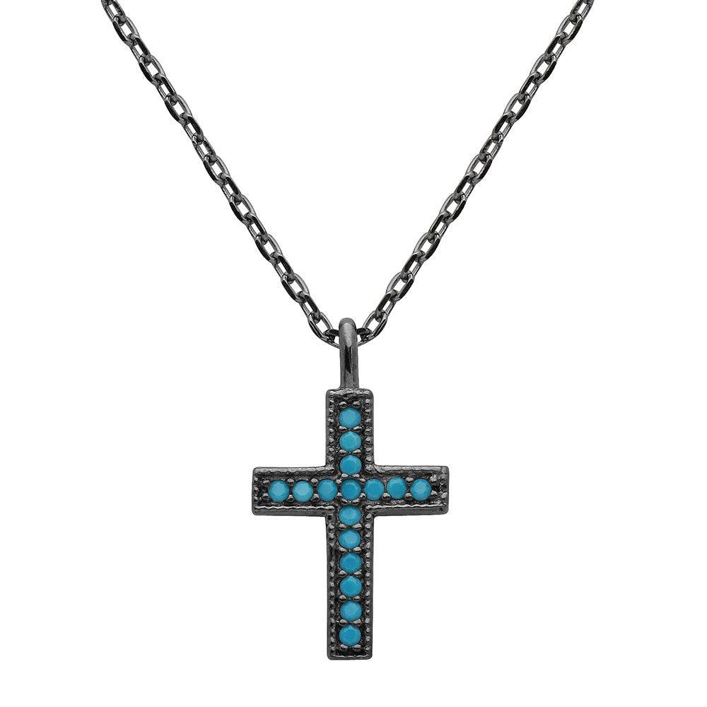 Black Rhodium Plated 925 Sterling Silver Turquoise Stone Cross Necklace - STP01539BP SPI