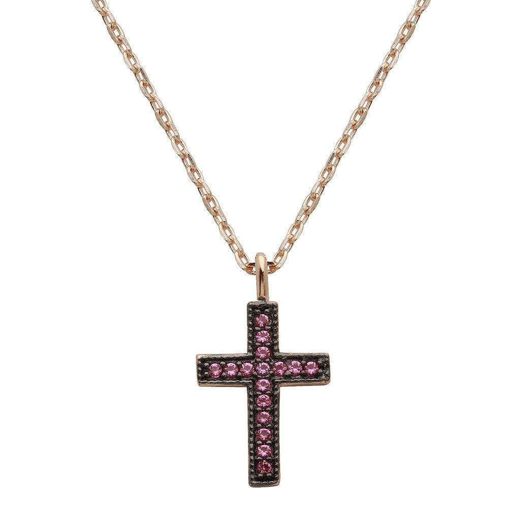 Rose Gold Plated 925 Sterling Silver Pink CZ Cross Necklace - STP01539RGP SPI
