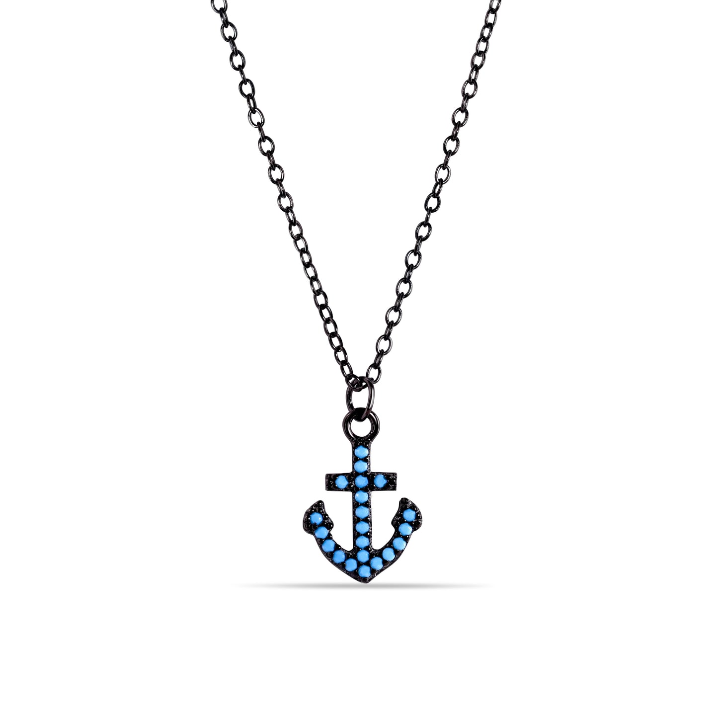 Black Rhodium Plated 925 Sterling Silver Anchor Turquoise Stones Necklace - STP01541BP SPI