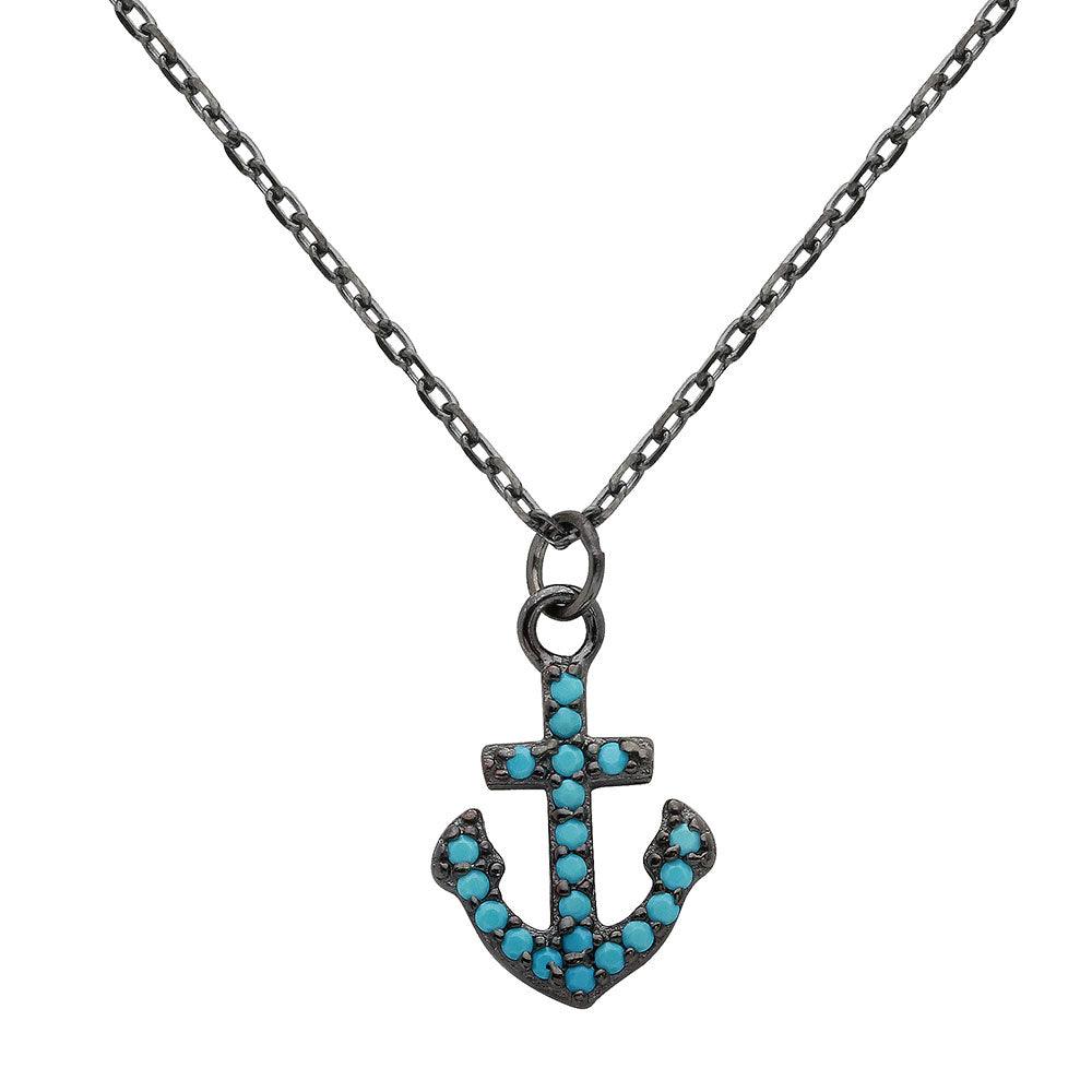 Black Rhodium Plated 925 Sterling Silver Anchor Turquoise Stones Necklace - STP01541BP SPI