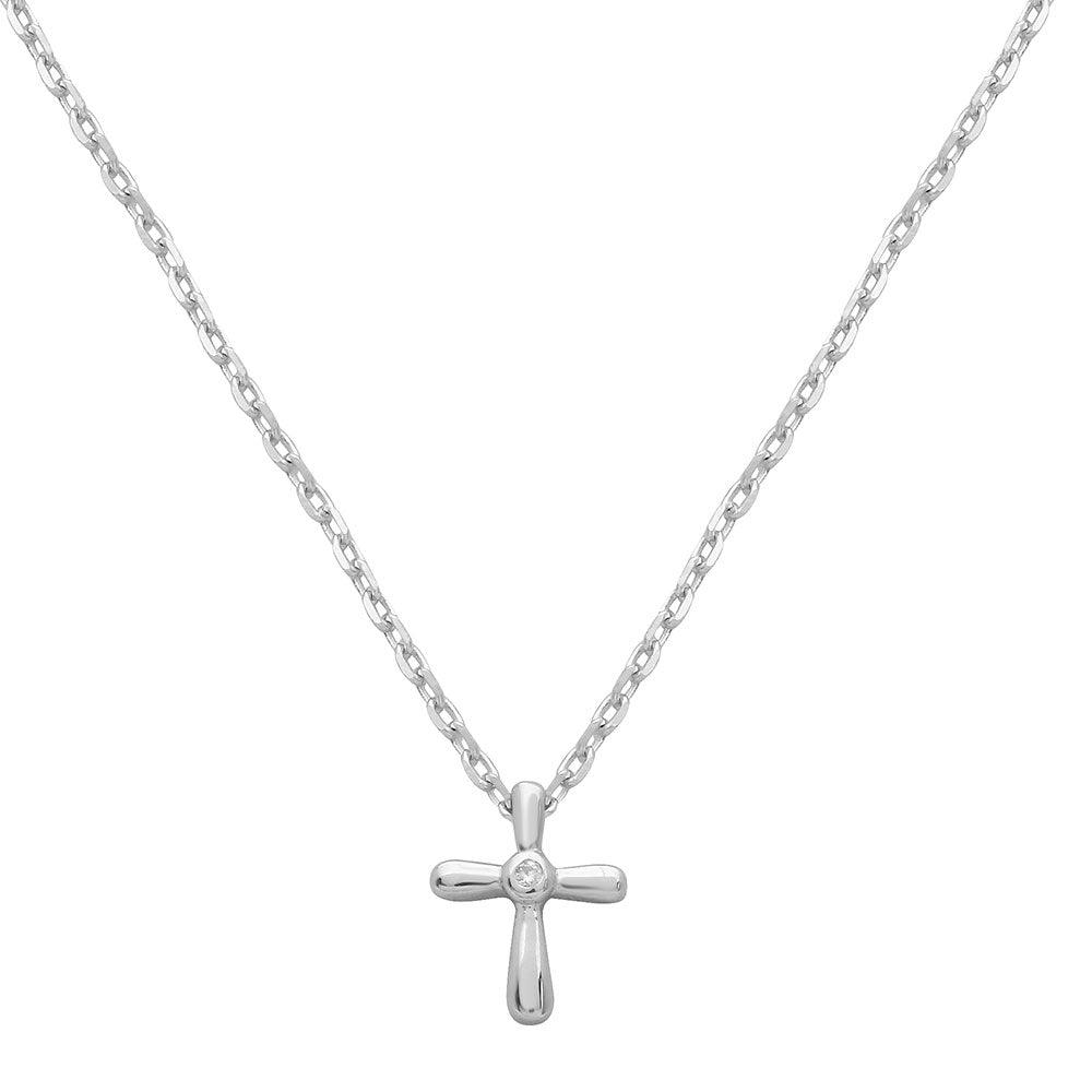 Rhodium Plated 925 Sterling Silver Small Cross with CZ Necklace - STP01544 SPI