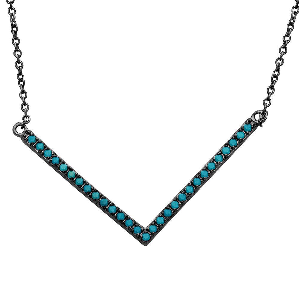 Black Rhodium 925 Sterling Silver Wide V Shape Turquoise Encrusted Necklace - STP01546BP SPI