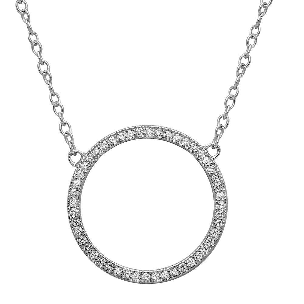 Rhodium Plated 925 Sterling Silver Open Circle CZ Encrusted Necklace - STP01547 SPI