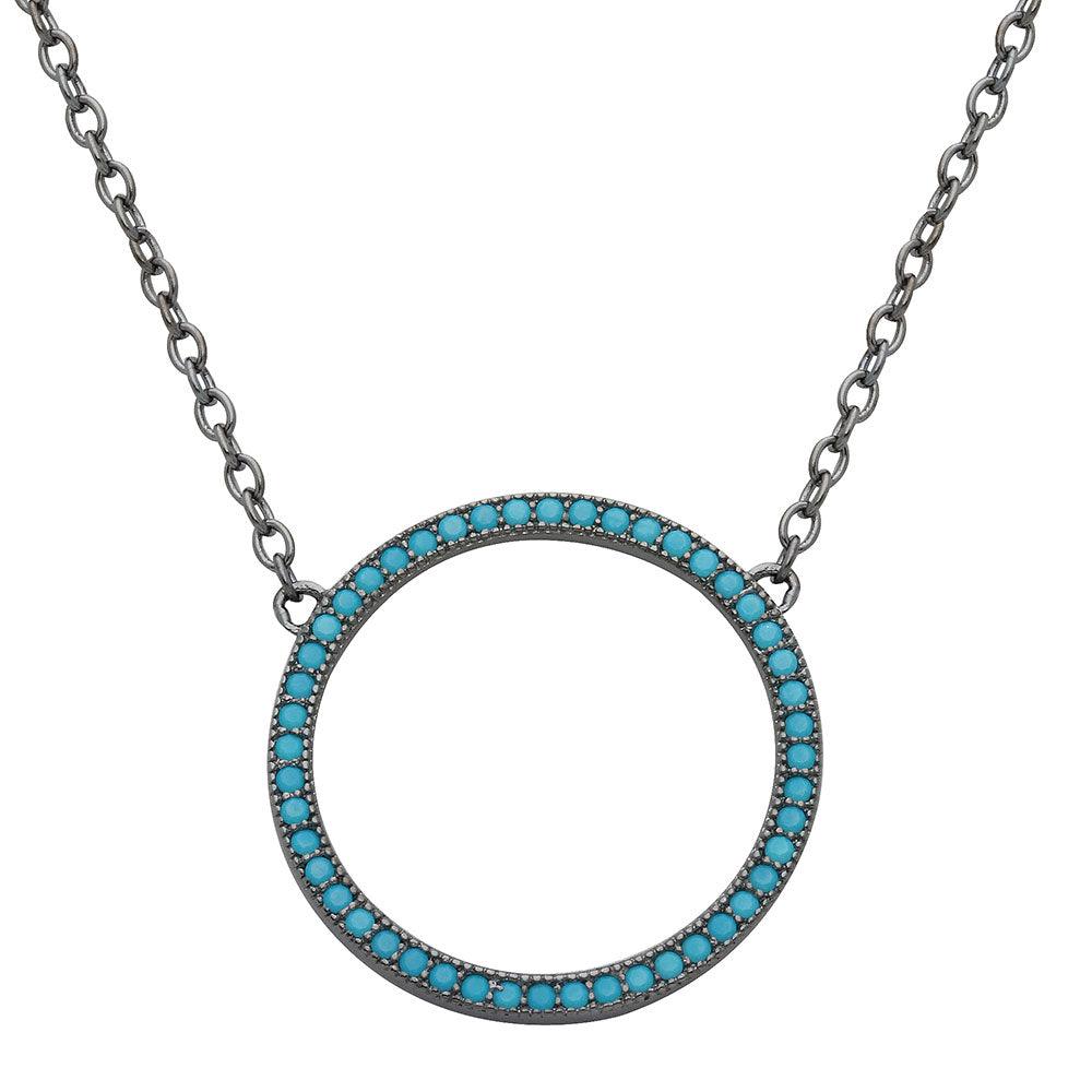 Black Rhodium Plated 925 Sterling Silver Open Circle Turquoise Encrusted Necklace - STP01547BP SPI