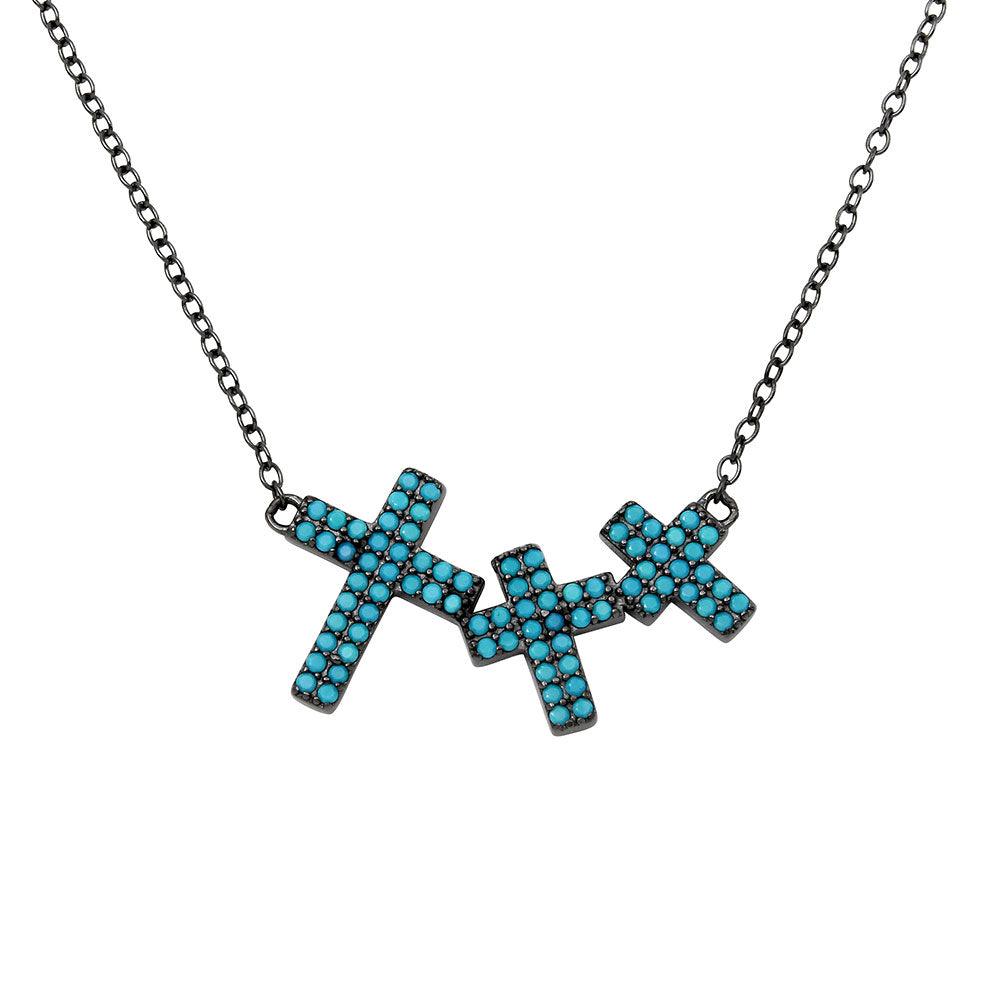 Black Rhodium Plated 925 Sterling Silver Side By Side 3 Crosses Turquoise Stones Necklace - STP01548BLK SPI