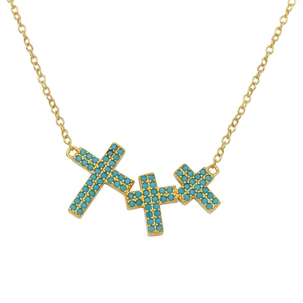 Gold Plated 925 Sterling Silver Side By Side 3 Crosses Turquoise Stones Necklace - STP01548GP SPI
