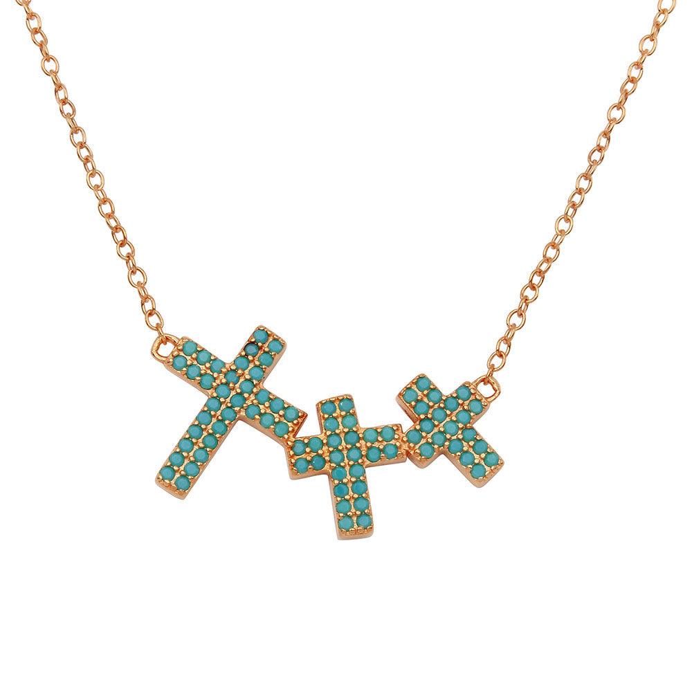 Rose Gold Plated 925 Sterling Silver Side By Side 3 Crosses Turquoise Stones Necklace - STP01548RGP SPI