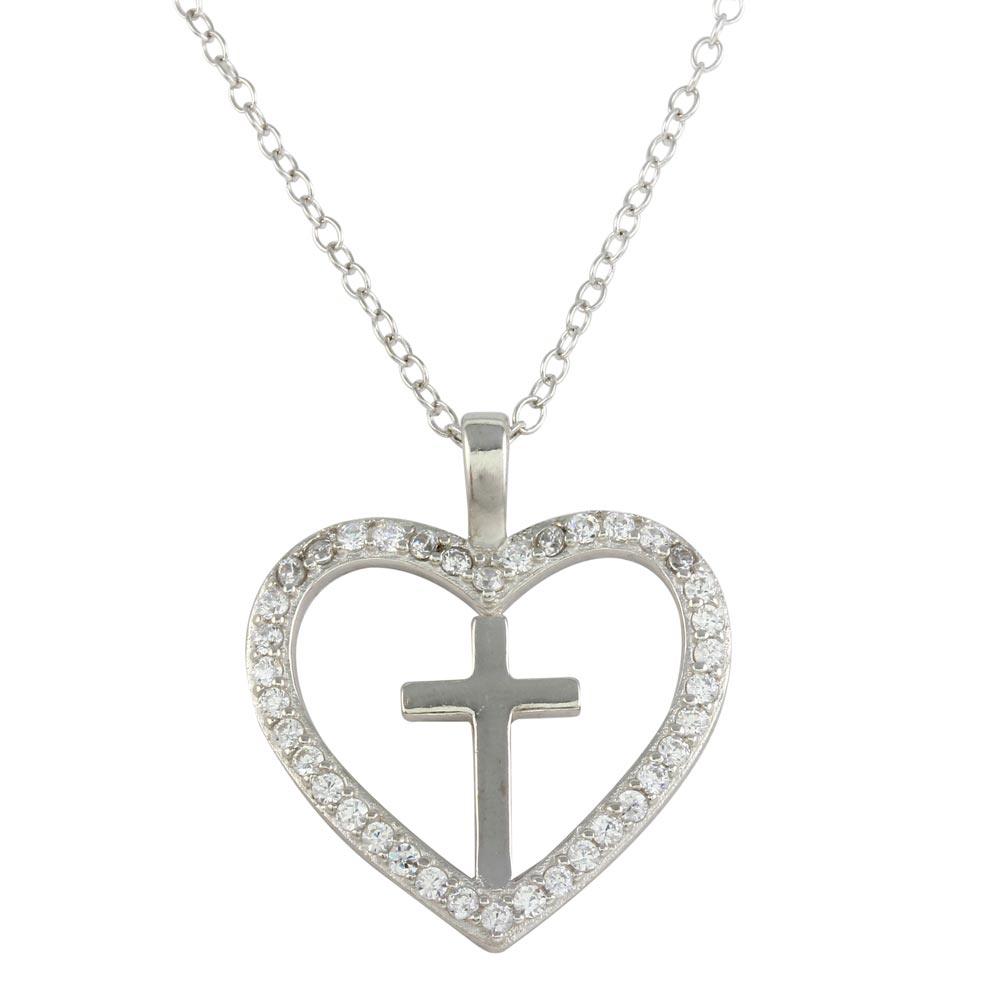 Rhodium Plated 925 Sterling SilverHeart and Cross Necklace with CZ - STP01555 SPI
