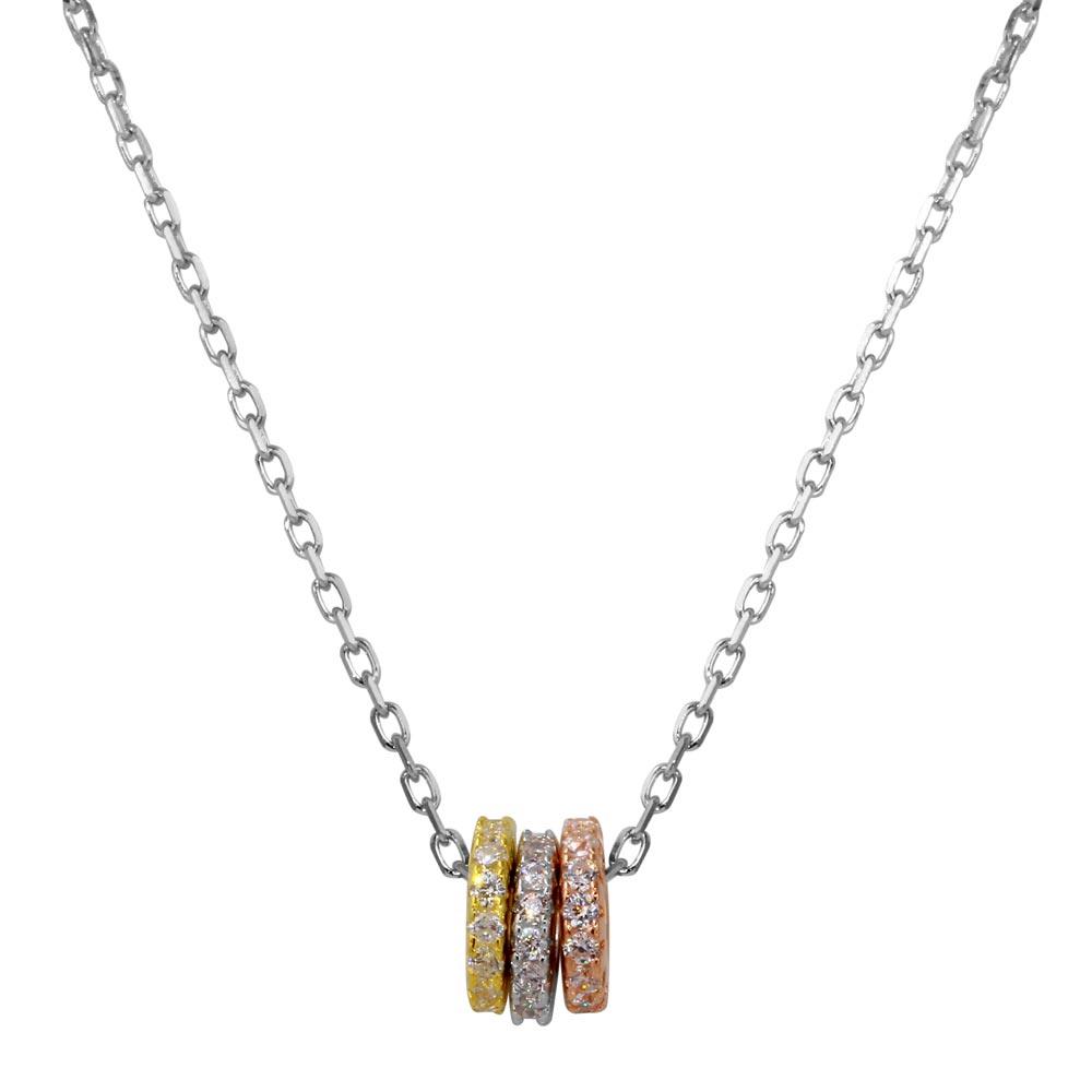 Three-Tone 925 Sterling Silver Plated Trio Mechanic Ring Necklace with CZ - STP01556TRI SPI