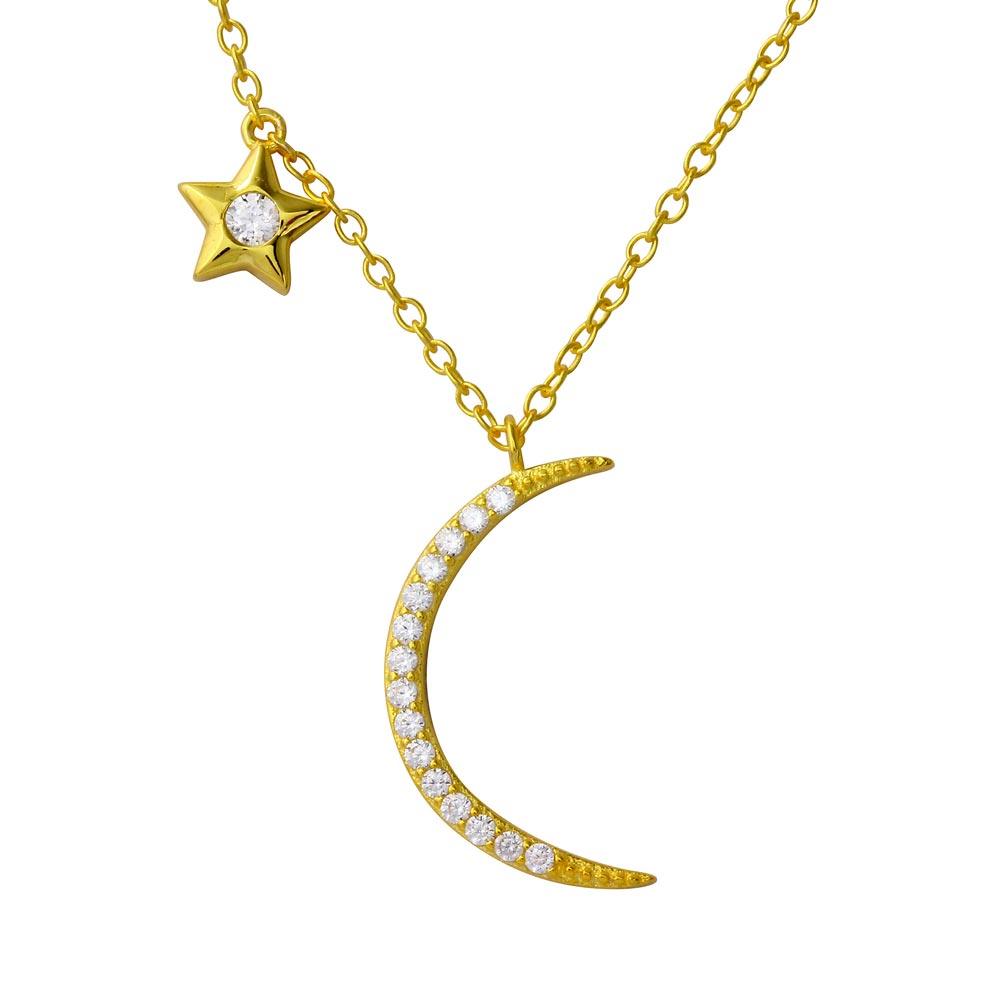 Gold Plated 925 Sterling Silver CZ Star and Crescent Moon Necklace - STP01558GP SPI