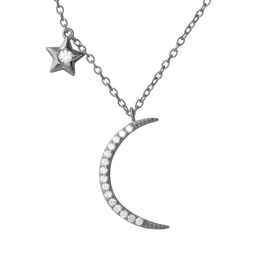 Rhodium Plated 925 Sterling Silver CZ Star and Crecsent Moon Necklace - STP01558RH SPI