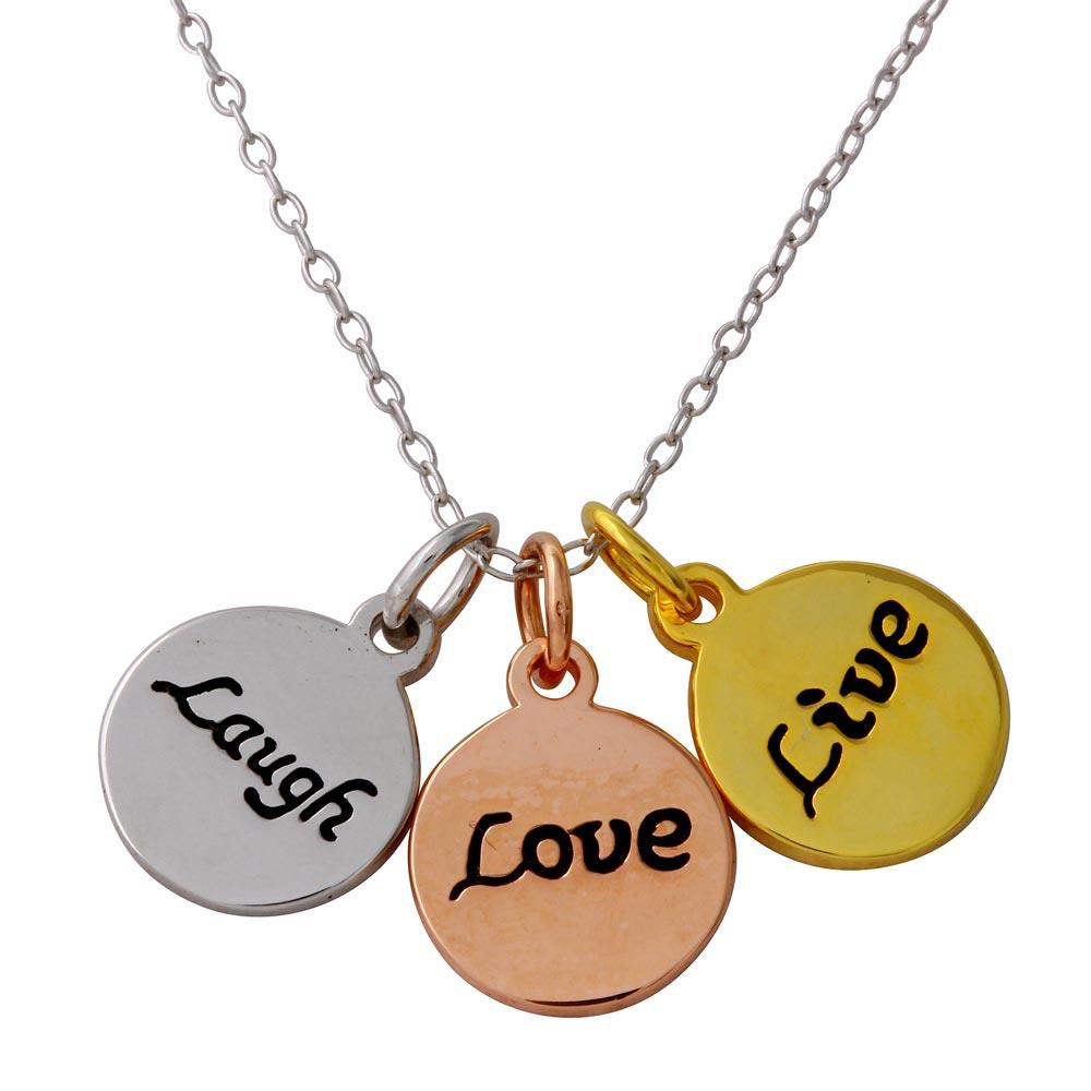 Three-Tone 925 Sterling Silver Plated Live Laugh Love Circle Necklace - STP01561TRI SPI