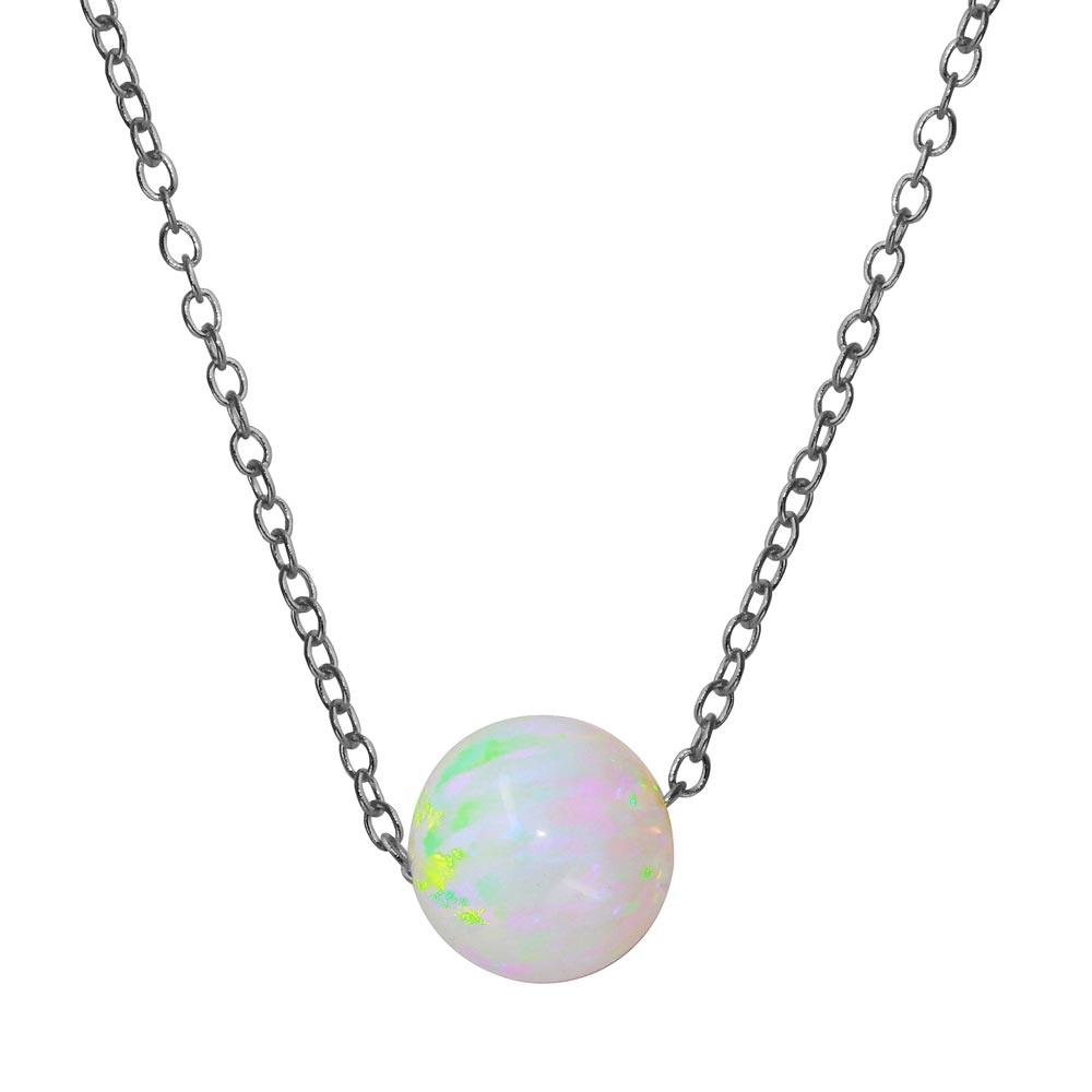 Rhodium Plated 925 Sterling Silver White Round Synthetic Opal Necklace - STP01563RH SPI