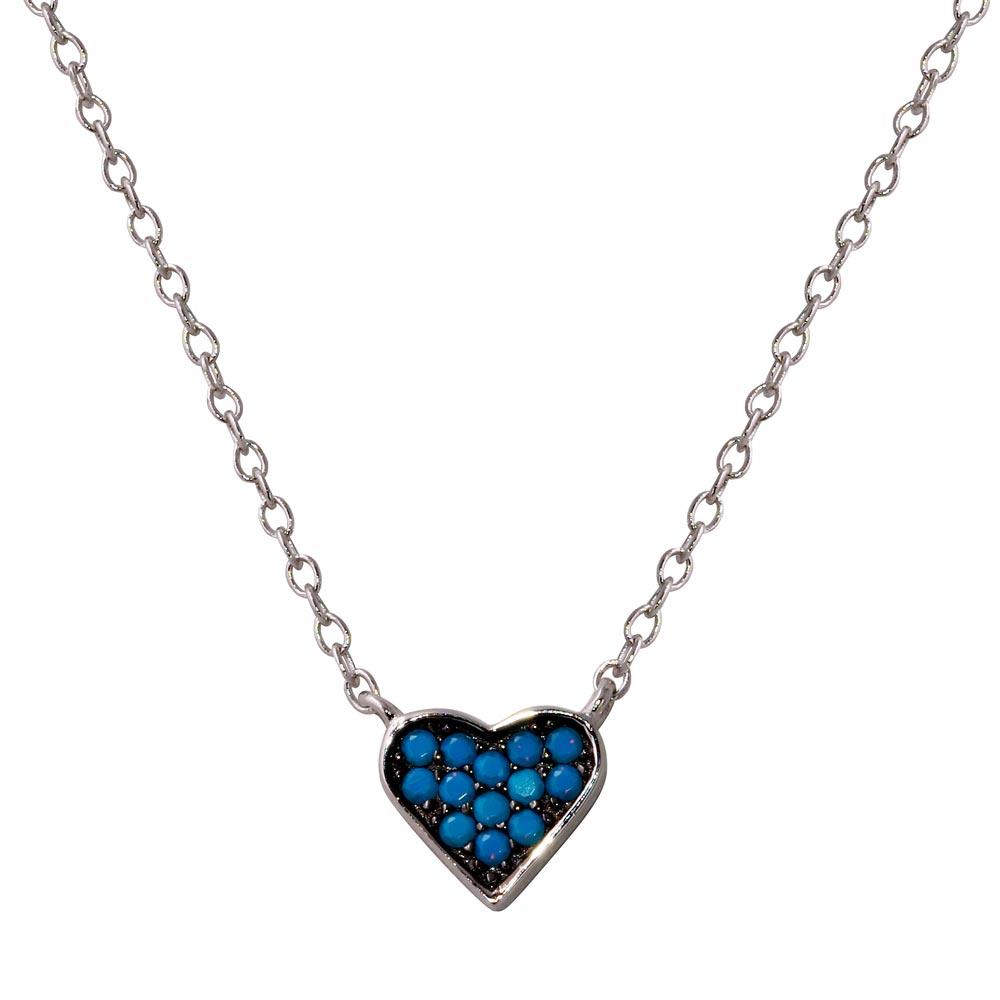 Rhodium Plated 925 Sterling Silver Heart Necklace with Turquoise Beads - STP01568XP SPI