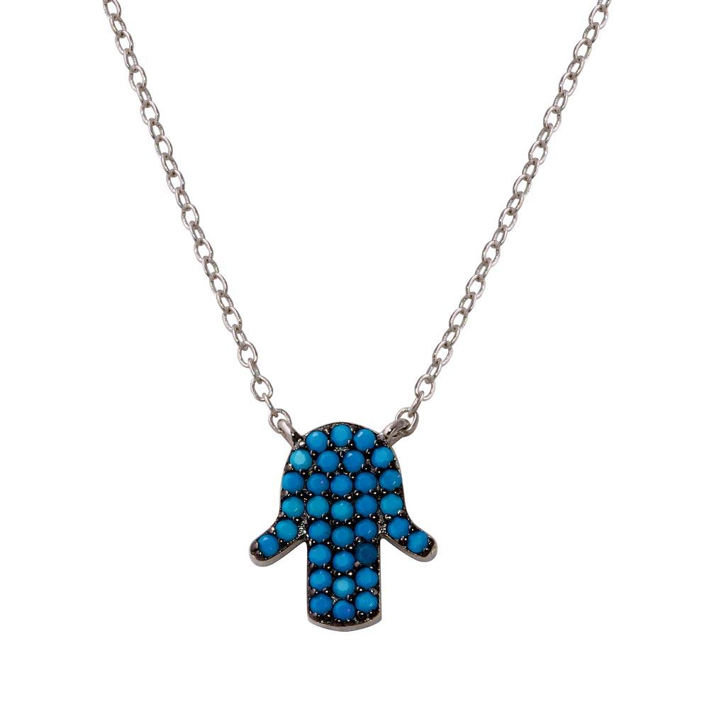 Rhodium Plated 925 Sterling Silver Hamsa Necklace with Turquoise Beads - STP01569XP SPI