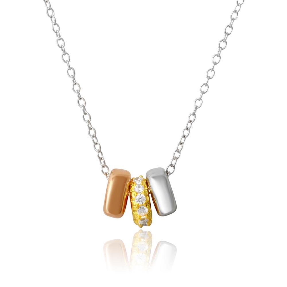 Three-Tone 925 Sterling Silver Plated Three Hoops with CZ Necklace - STP01571TRI SPI