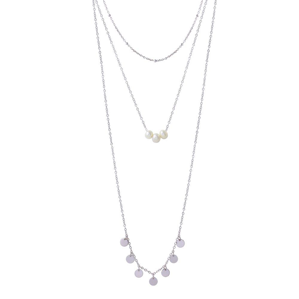 Rhodium Plated 925 Sterling Silver Triple Strand Bead Fresh Water Pearl and Circle Confetti Necklace - STP01576RH SPI