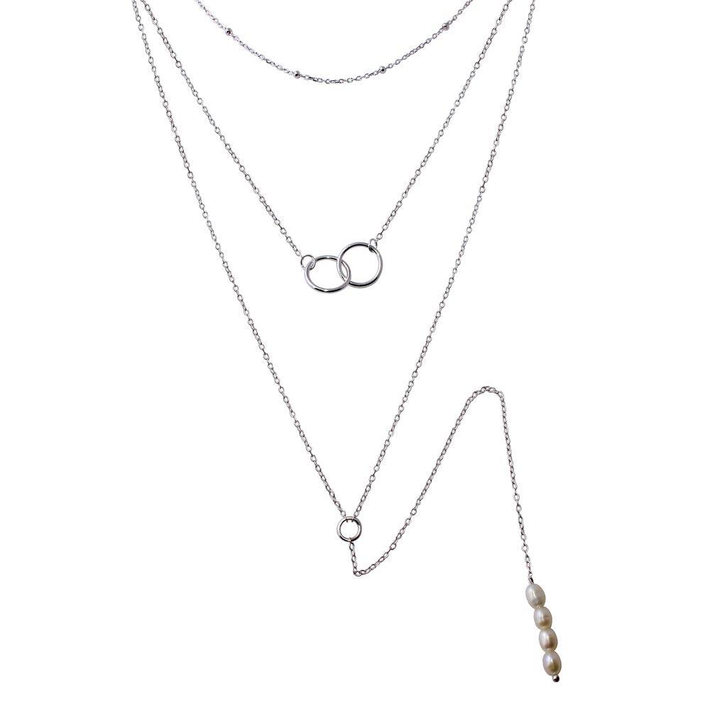 Rhodium Plated 925 Sterling Silver Triple Strand Bead Interlocked Rings and Fresh Water Pearl Necklace - STP01577RH SPI
