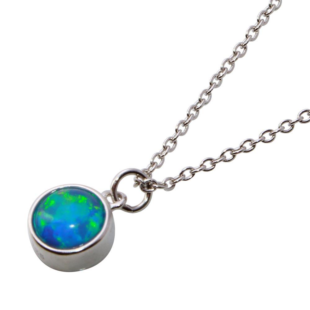 Rhodium Plated 925 Sterling Silver Collar with Dropped Round Blue Opal Necklace - STP01580RH SPI