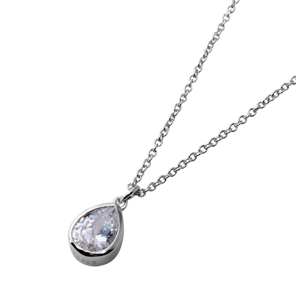 Rhodium Plated 925 Sterling Silver Collar with Dropped Clear Pear CZ Necklace - STP01581RH SPI