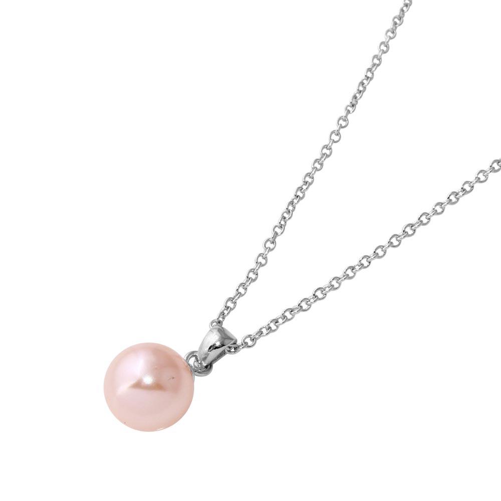Rhodium Plated 925 Sterling Silver Collar with Dropped Synthetic Pink Pearl Necklace - STP01582RH SPI