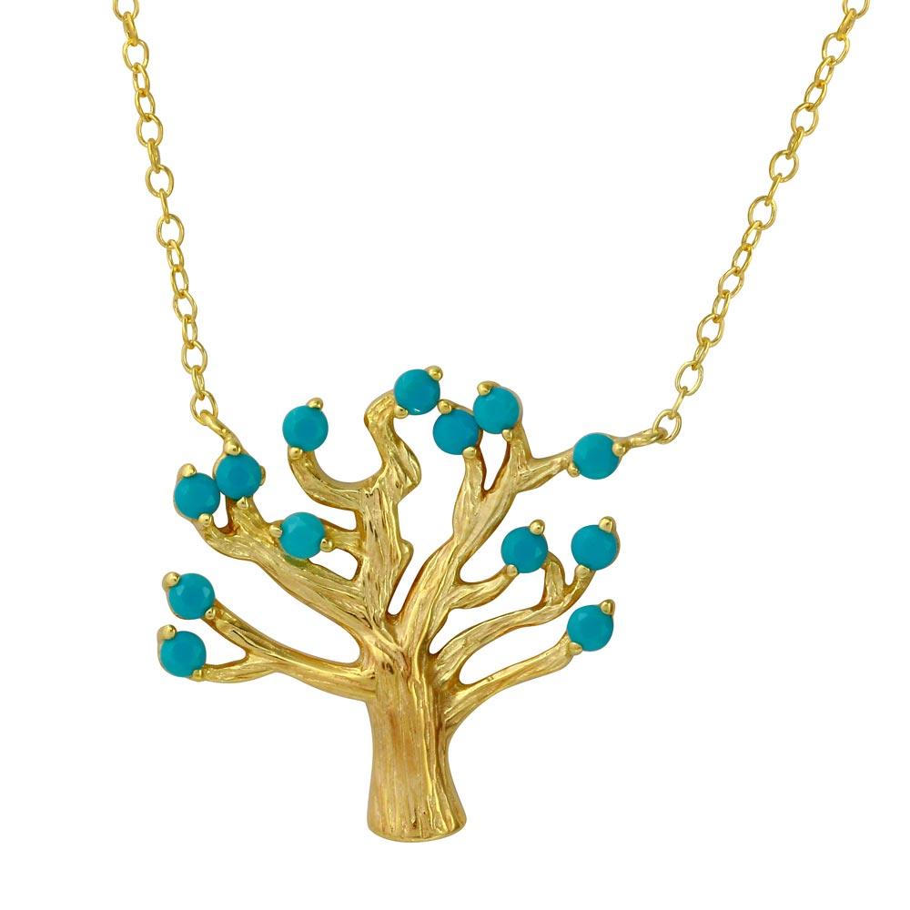 Gold Plated 925 Sterling Silver Tree Necklace with Turquoise Beads - STP01583GP SPI