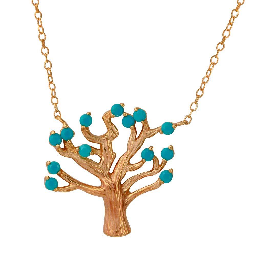 Rose Gold Plated 925 Sterling Silver Tree Necklace with Turquoise Beads - STP01583RGP SPI