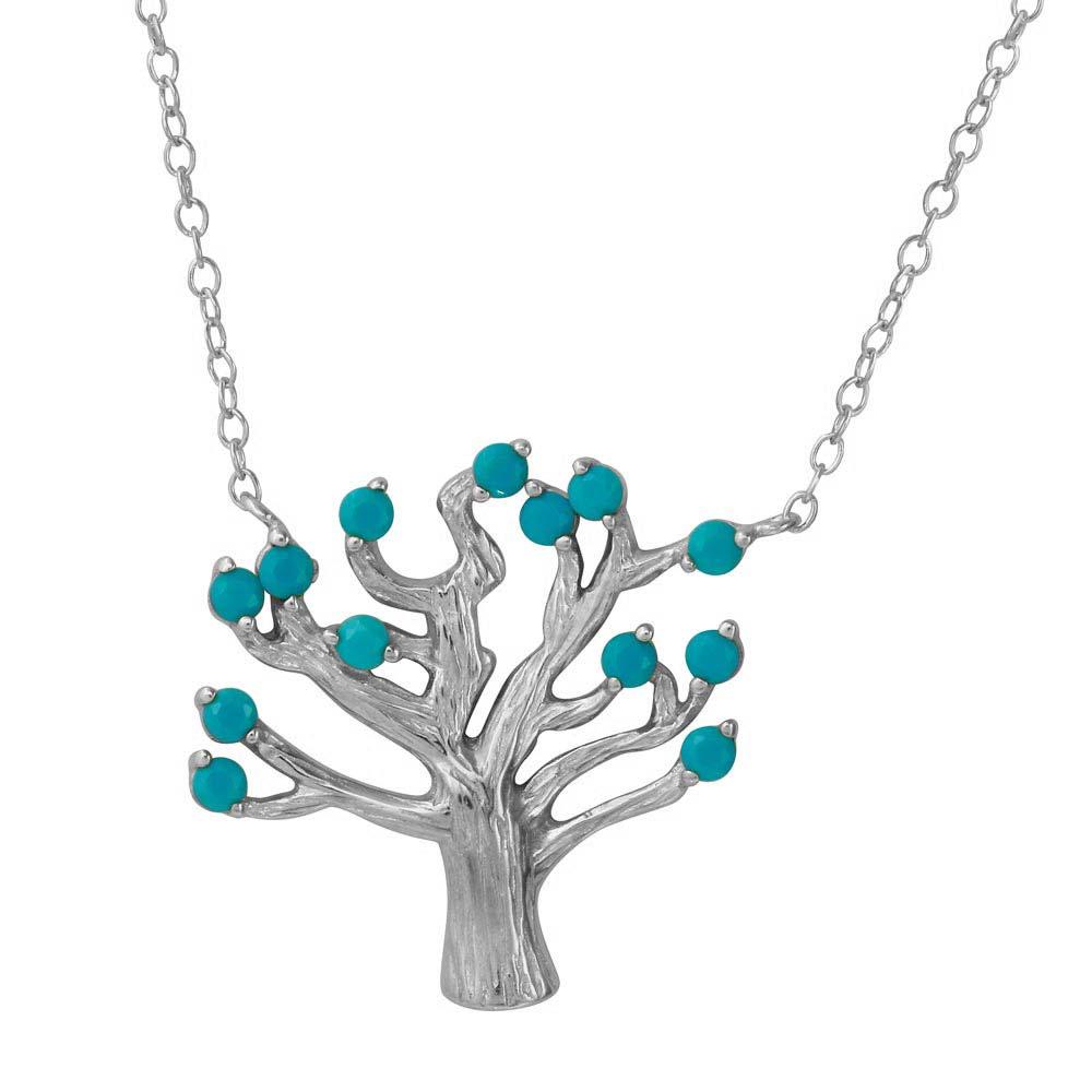 Rhodium Plated 925 Sterling Silver Tree Necklace with Turquoise Beads - STP01583RH SPI