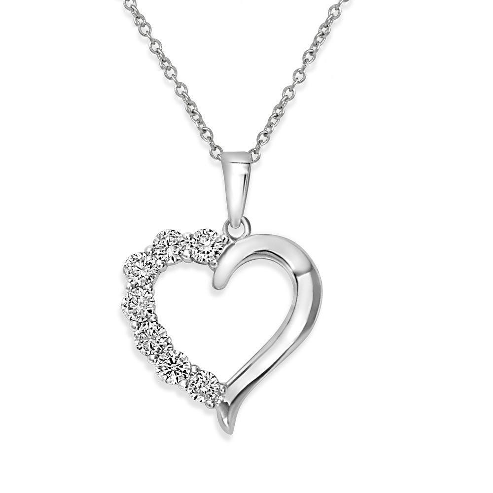 Rhodium Plated 925 Sterling Silver Open CZ Heart Necklace - STP01584 SPI