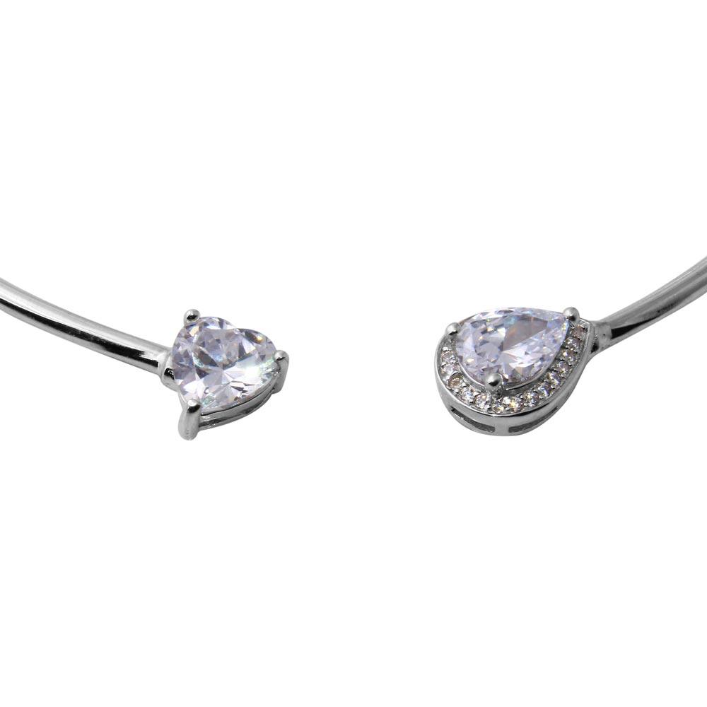 Rhodium Plated 925 Sterling Silver Heart and Pear Micro Pave Collar Necklace - STP01587RH SPI