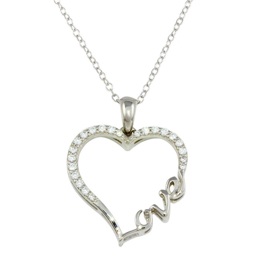 Rhodium Plated 925 Sterling Silver Heart and Love Word Necklace with CZ - STP01596 SPI