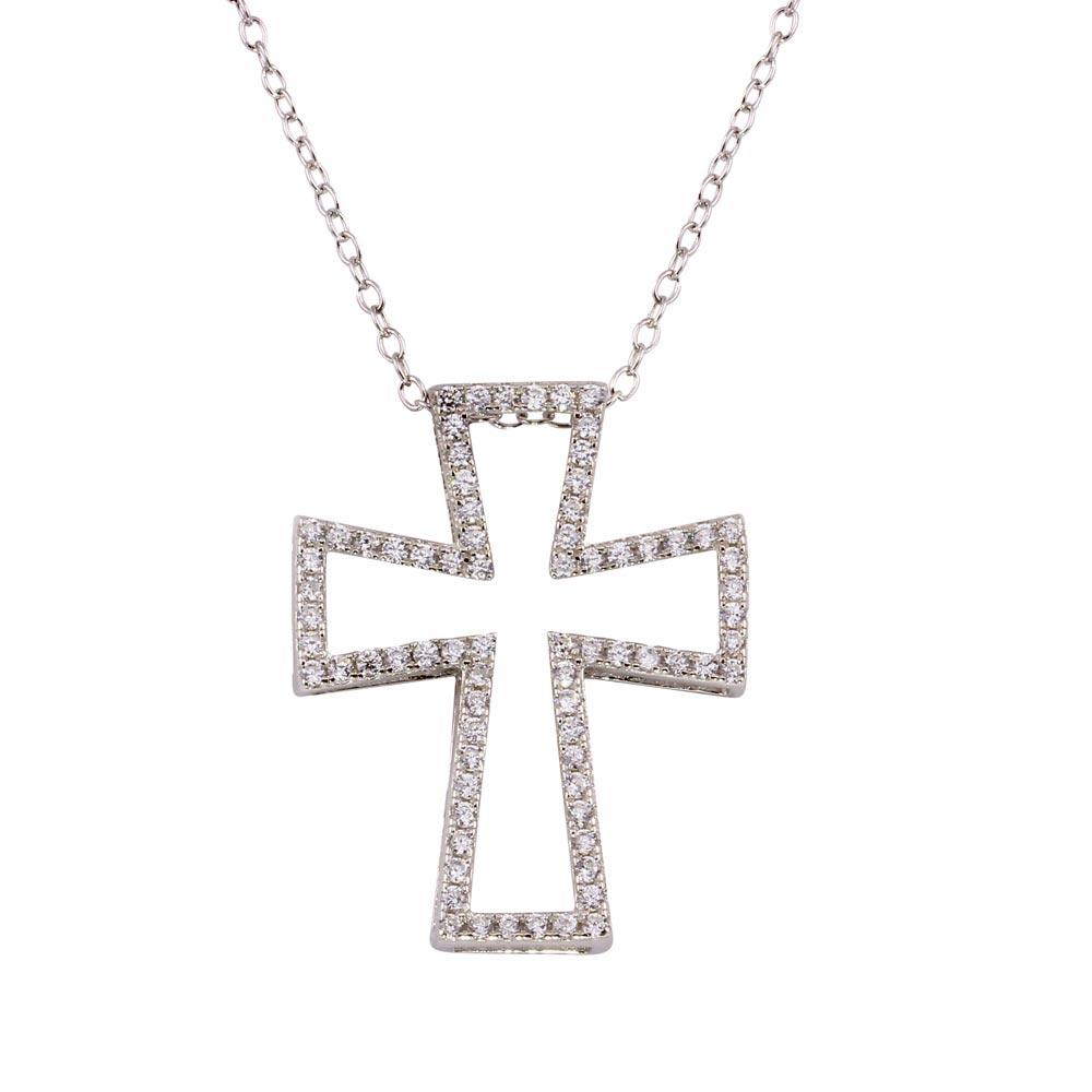 Rhodium Plated 925 Sterling Silver Open Cross Necklace with CZ - STP01597 SPI